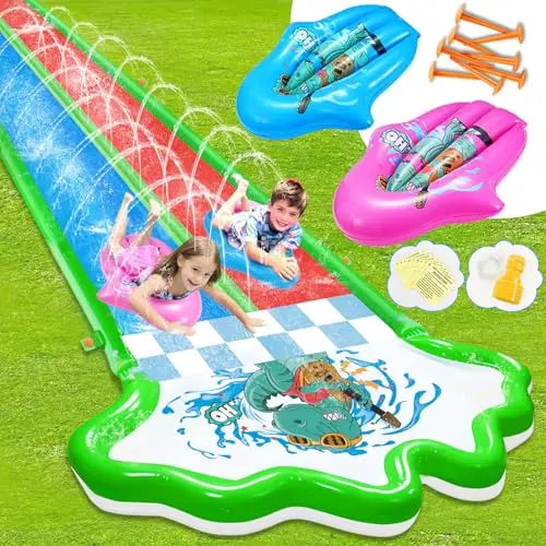 TLXLT 20ft heavy duty double lawn water slide with inflatable crash pad and sprinkler system