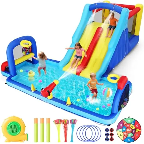 JOYLDIAS inflatable water slide bounce house with double slides, splash pool, and climbing wall