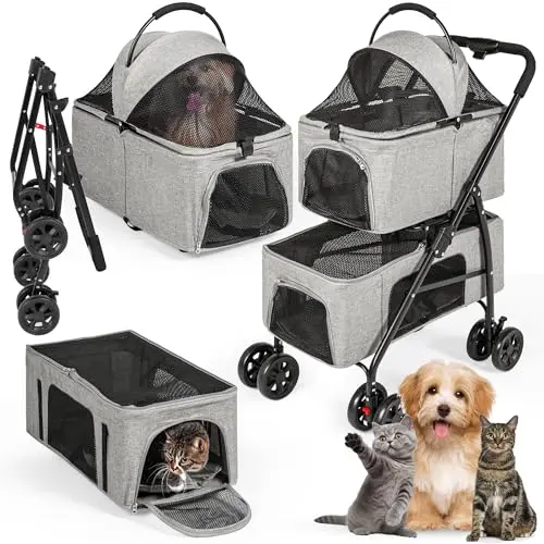 Generic double pet stroller in black with mesh windows and storage