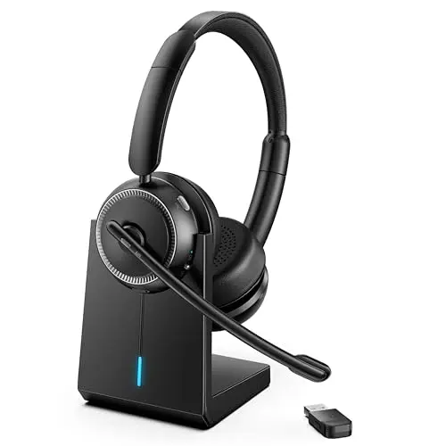 Angteela wireless headset with flip-to-mute microphone and charging base