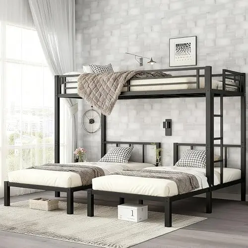 Bellemave black wood triple bunk bed for three kids with storage