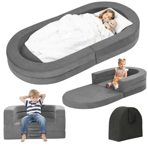 Tykacna grey 3-in-1 toddler bed that converts to lounger and sofa