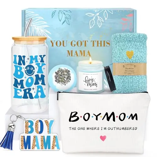 Boy mom themed gift basket with glass cup, candle, and self-care items