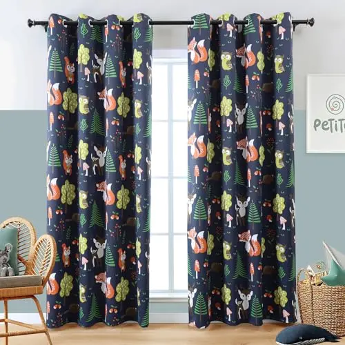 L.Z.E navy blue curtains with forest animal patterns for kids' room