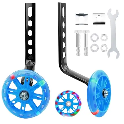 Meewtun blue training wheels with light-up feature for kids bicycles
