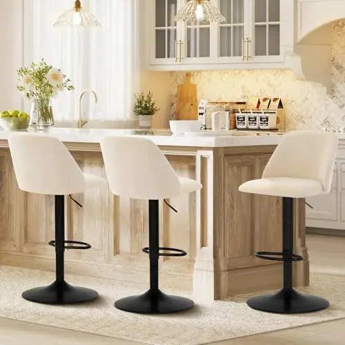 COLAMY adjustable swivel bar stools with full backrest in beige fabric