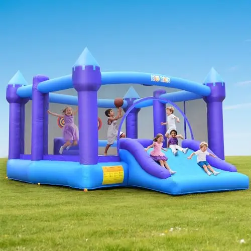 Klo Kick purple bounce house with wide slide and basketball hoop