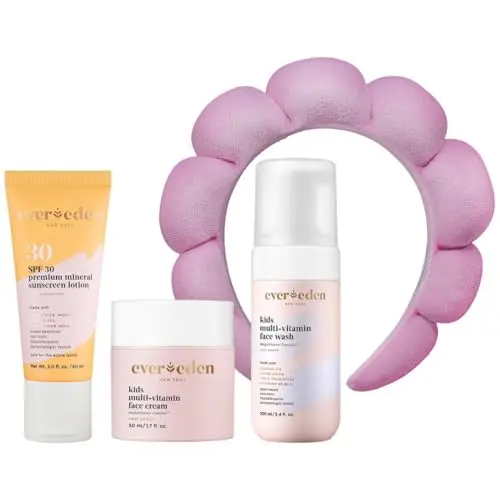 Evereden kids skincare bundle with face wash, moisturizer, SPF 30 sunscreen, and spa headband