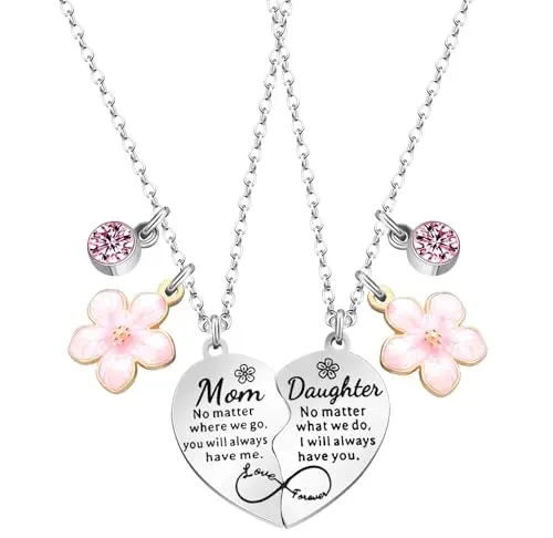 Artlunar pink heart mother daughter necklaces with mom and daughter engravings