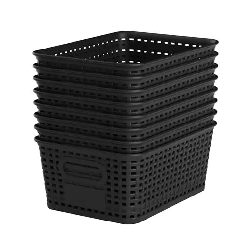 WRRLORS black plastic storage baskets with labels on a desk