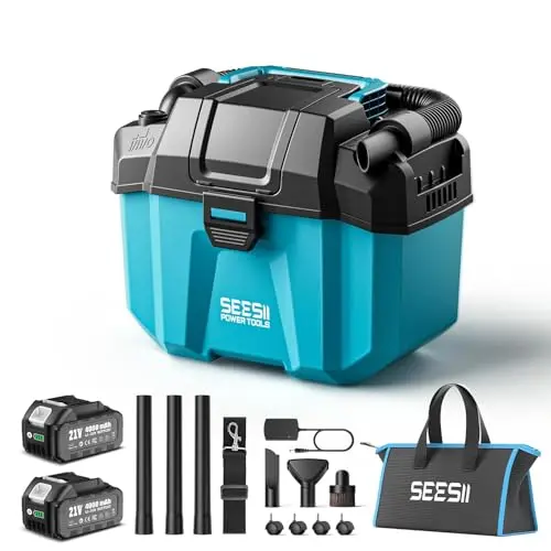 Seesii cordless wet dry shop vacuum with blue design and accessories