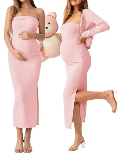 QUNISY strapless bodycon maternity dress with cardigan set in pink