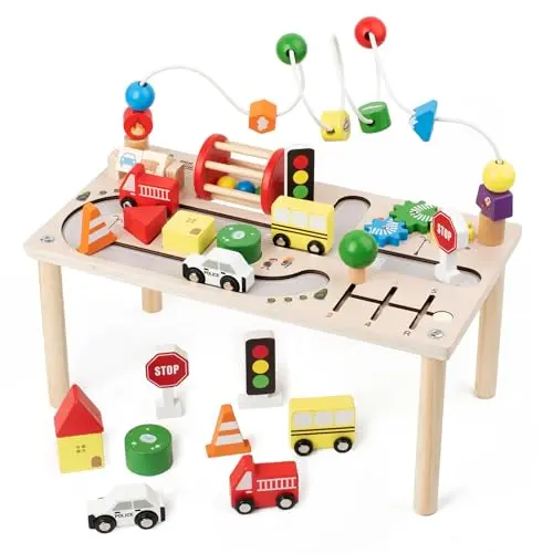 8-in-1 wooden activity table with shape sorter and bead maze