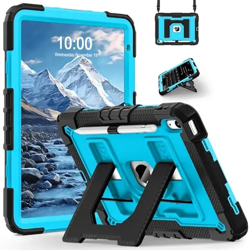 WESOROL kids iPad case with upgraded kickstand and shoulder strap in black and blue