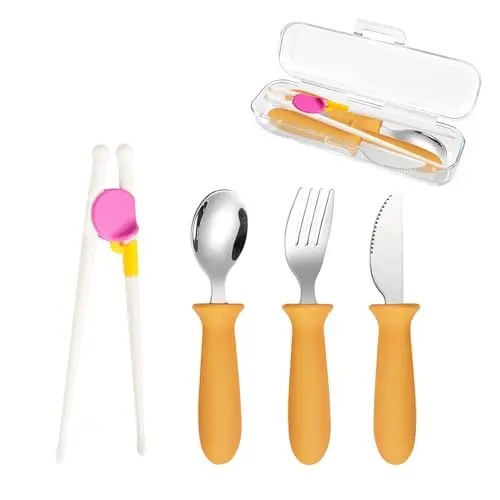 BOVELLA toddler utensils set including spoon, fork, knife and training chopsticks in yellow