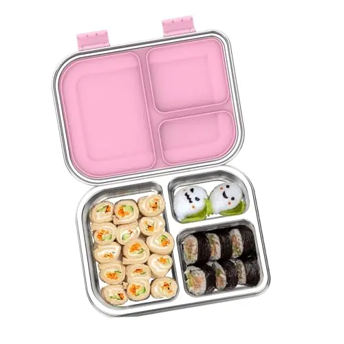 TOURPOR stainless steel bento lunch box with three compartments in pink color