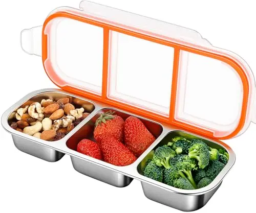 KTKUDY stackable stainless steel snack containers with three compartments