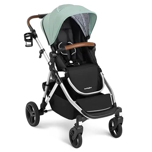 Mockingbird Single-to-Double Stroller in sage color showing modular design and extendable canopy