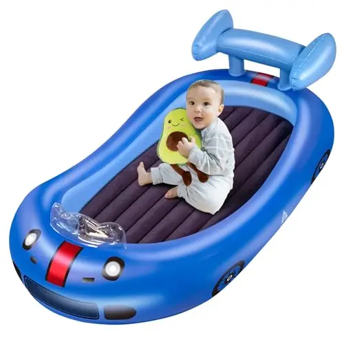 AASSOO inflatable racecar toddler bed with avocado hugging pillow