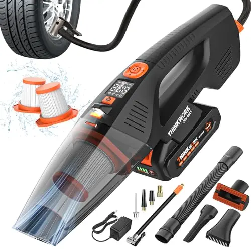 THINKWORK car vacuum and air compressor with digital display and attachments