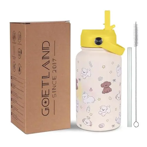 Goetland insulated water bottle with cute dog and cat patterns in yellow