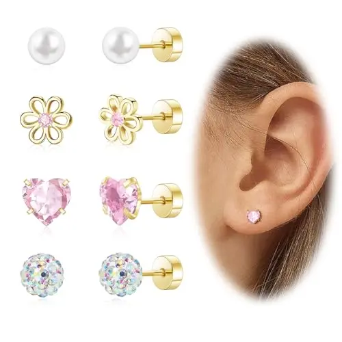 Hypoallergenic 4-pack of screw back earrings for toddlers with sensitive ears