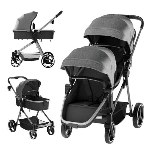 TOLEAD double stroller in grey showing reversible seats and compact fold