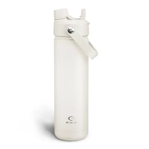 ENCOOL 26oz insulated water bottle in cream moon color with straw and spout lids