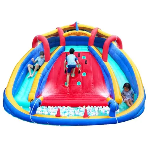 Mixcous inflatable water double slides park with splash pool and climbing wall