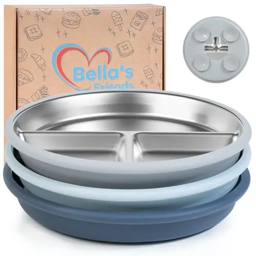 Bella's Friends set of three 8-inch stainless steel divided plates with silicone suction bases