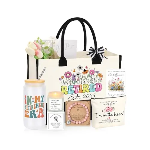 JTENGTOP retirement gift basket with tote bag, makeup bag, glass bottle, candle, and bracelet