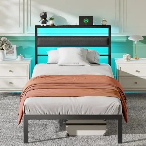 OURPIC twin bed frame with LED lights and charging station for kids