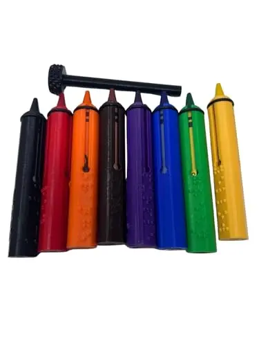 Braille-labeled crayon holders with color-coded sleeves for easy identification