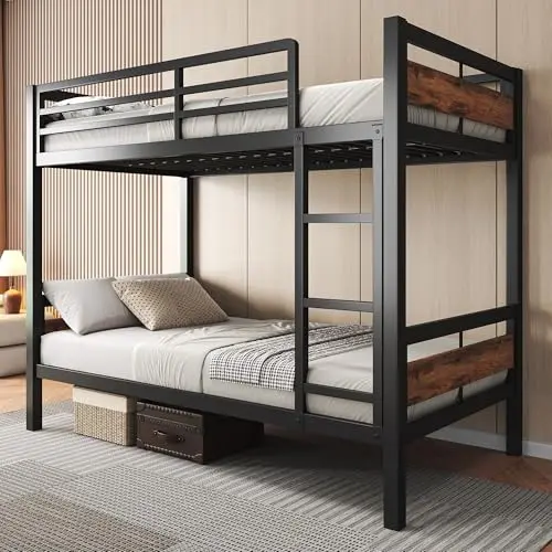 Feonase vintage brown metal twin bunk bed with high guardrail