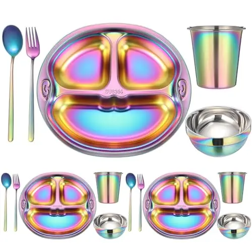 Tioncy 15-piece stainless steel dinner set with plates, bowls, cups, and utensils in rainbow colors