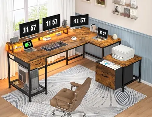 DurayLoly L-shaped computer desk with LED lights and power outlets