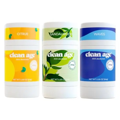 Clean Age AHA deodorant stick 3-pack with citrus, sandalwood, and waves scents