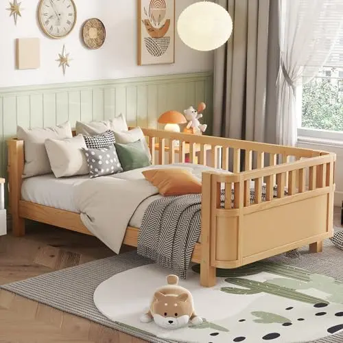 OYUMOENTS natural wood low profile Montessori twin bed with safety rails