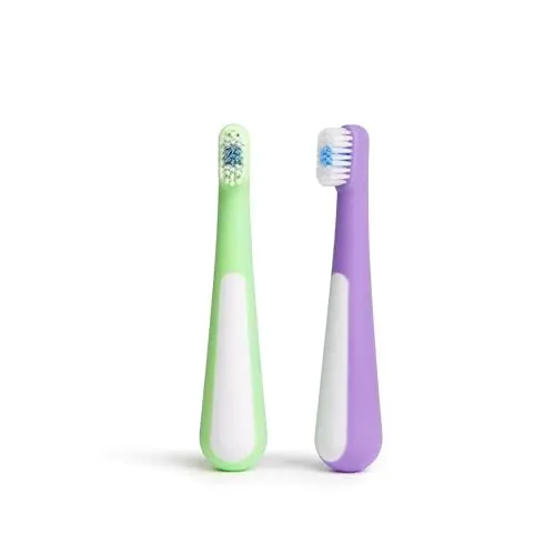Ubbi toddler toothbrush set with two brushes in green and purple