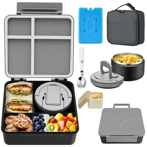 MAXSO bento lunch box set with four compartments and insulated soup jar