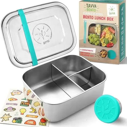 TAVVA stainless steel bento box with three compartments and included condiment container