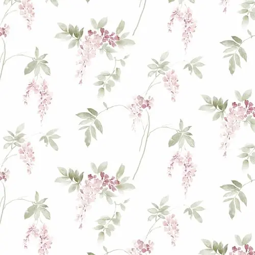 Ismoon modern floral removable wallpaper with pink and green wildflowers on white background