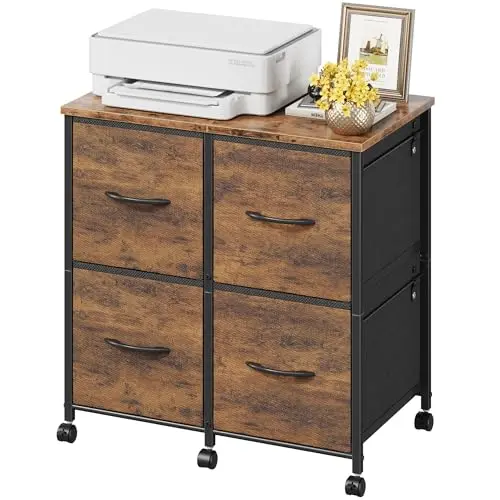 HIGDBFE rustic brown lateral file cabinet with four fabric drawers