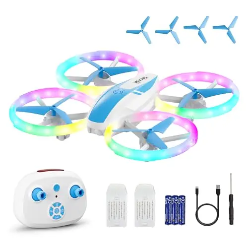 Dacene X65 RC drone with colorful LED lights and propeller protection
