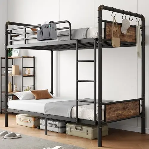 Jocoevol vintage brown convertible twin bunk bed with storage hooks