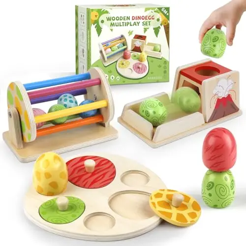 Montessori wooden dinosaur egg toy set with stacking and sorting