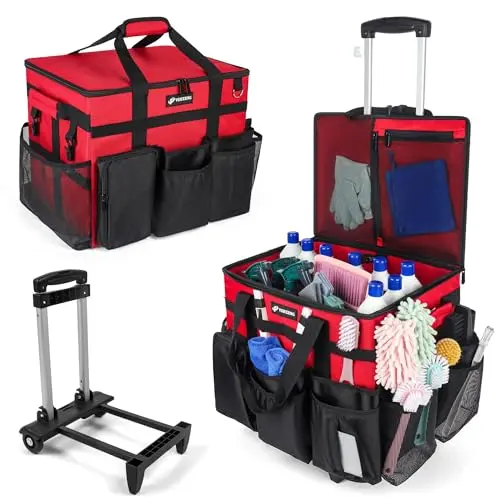 VSHXENG red rolling cleaning caddy bag with wheels and multiple pockets
