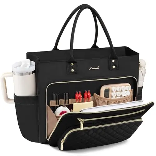 LOVEVOOK Teacher Tote Bag in black color with multiple pockets and cup holder
