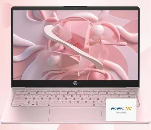 HP 14 Ultrabook laptop in tranquil pink with included accessories