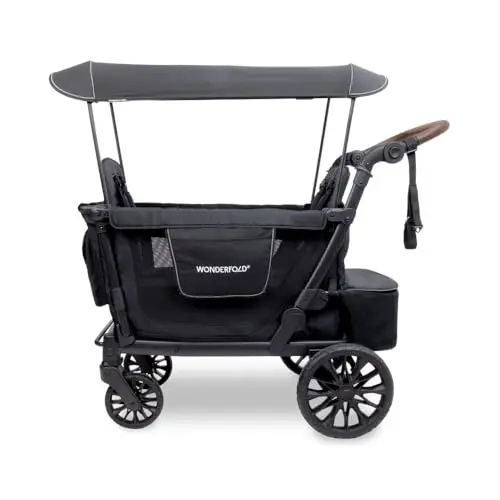 WONDERFOLD L2 double stroller wagon in black showing removable bench seats and side-entry door